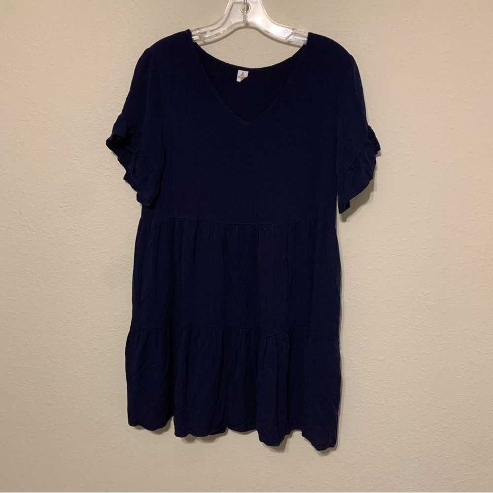 Anrabess Navy Blue V-Neck‎ Baby Doll Dress Small Lightweight Ruffles Graduation